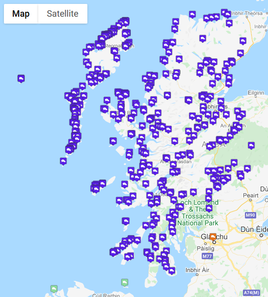 map displaying the distribution of the
      word bainne in Scotland